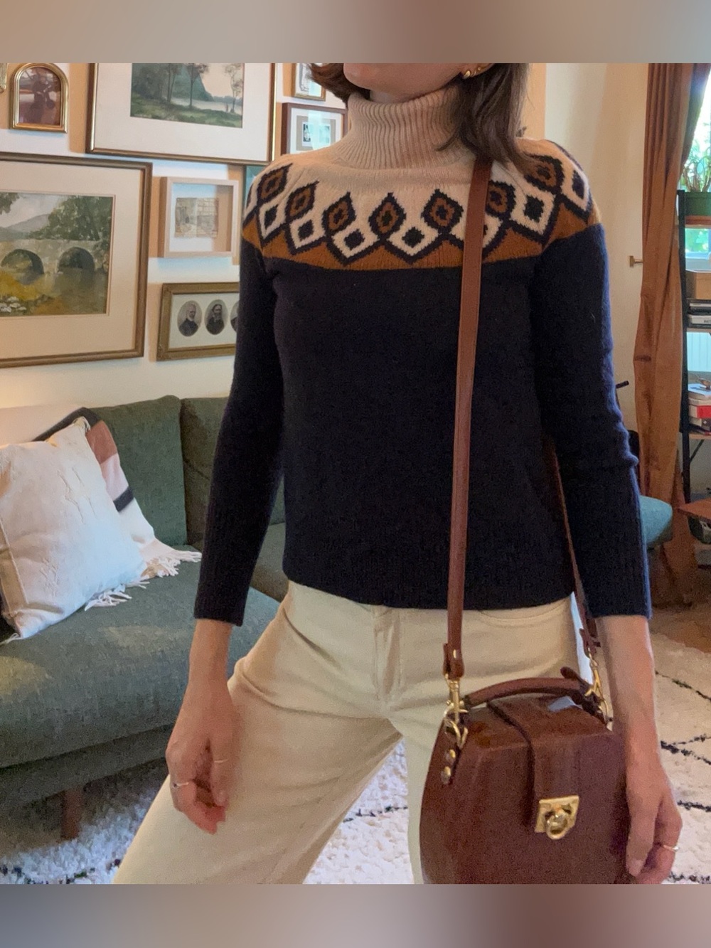 J. Crew Black & Cream Turtleneck Sweater with Brown Fair Isle Yoke